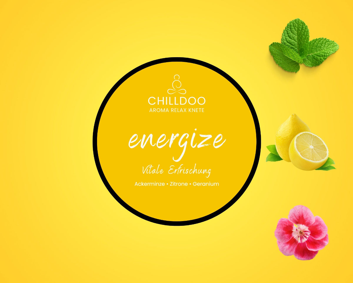 CHILLDOO Duftknete energize in gelb mit Düften von Ackerminze, Zitrone und Geranium.