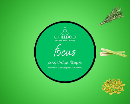 CHILLDOO Duftknete focus in grün mit Düften von Rosmarin, Lemongras und Kardamon.