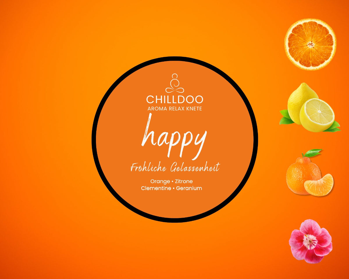 CHILLDOO Duftknete happy in orange mit Düften von Orange, Zitrone, Clementine und Geranium.